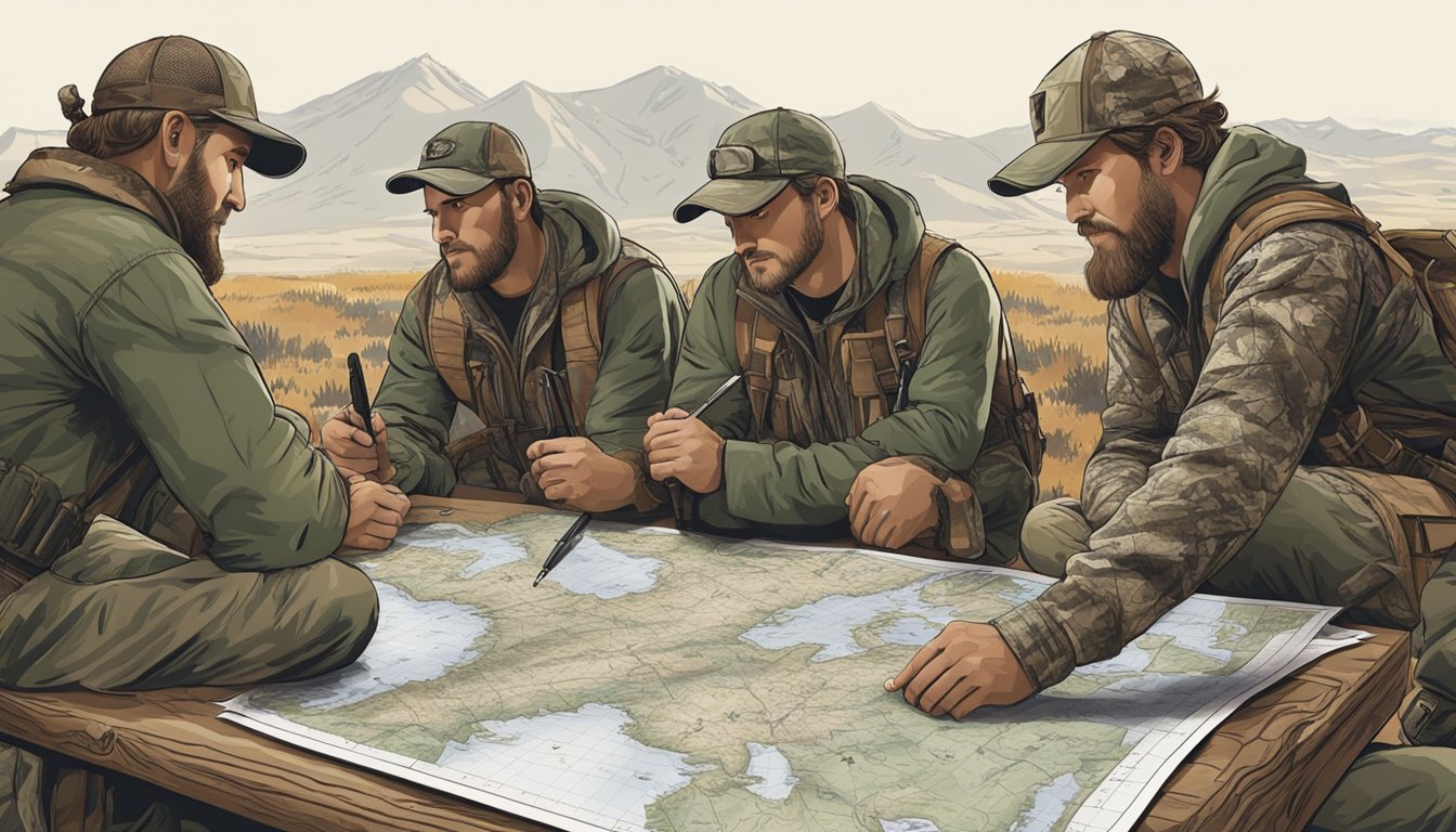 A group of hunters in camouflage gear gather around a map spread out on a table, discussing their plans for the upcoming hunt in the rugged Utah wilderness