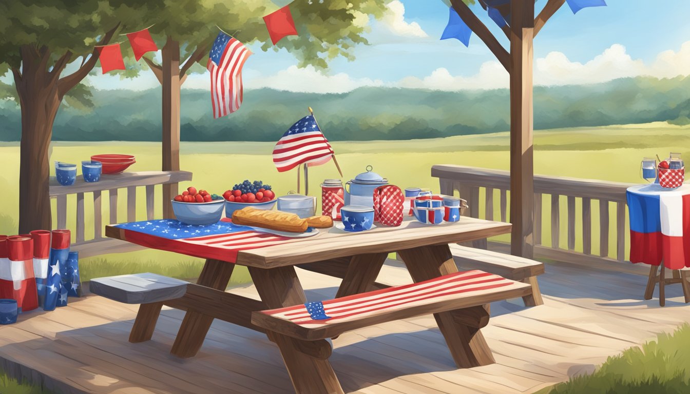 A rustic picnic table set with red, white, and blue decorations, surrounded by Texas-inspired dishes and patriotic decor, under a bright summer sky