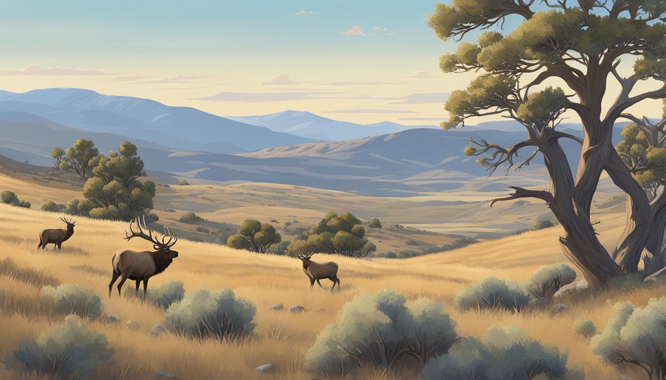 A vast, rugged landscape with rolling hills, sagebrush, and juniper trees. A clear blue sky stretches overhead, and in the distance, a herd of elk graze peacefully