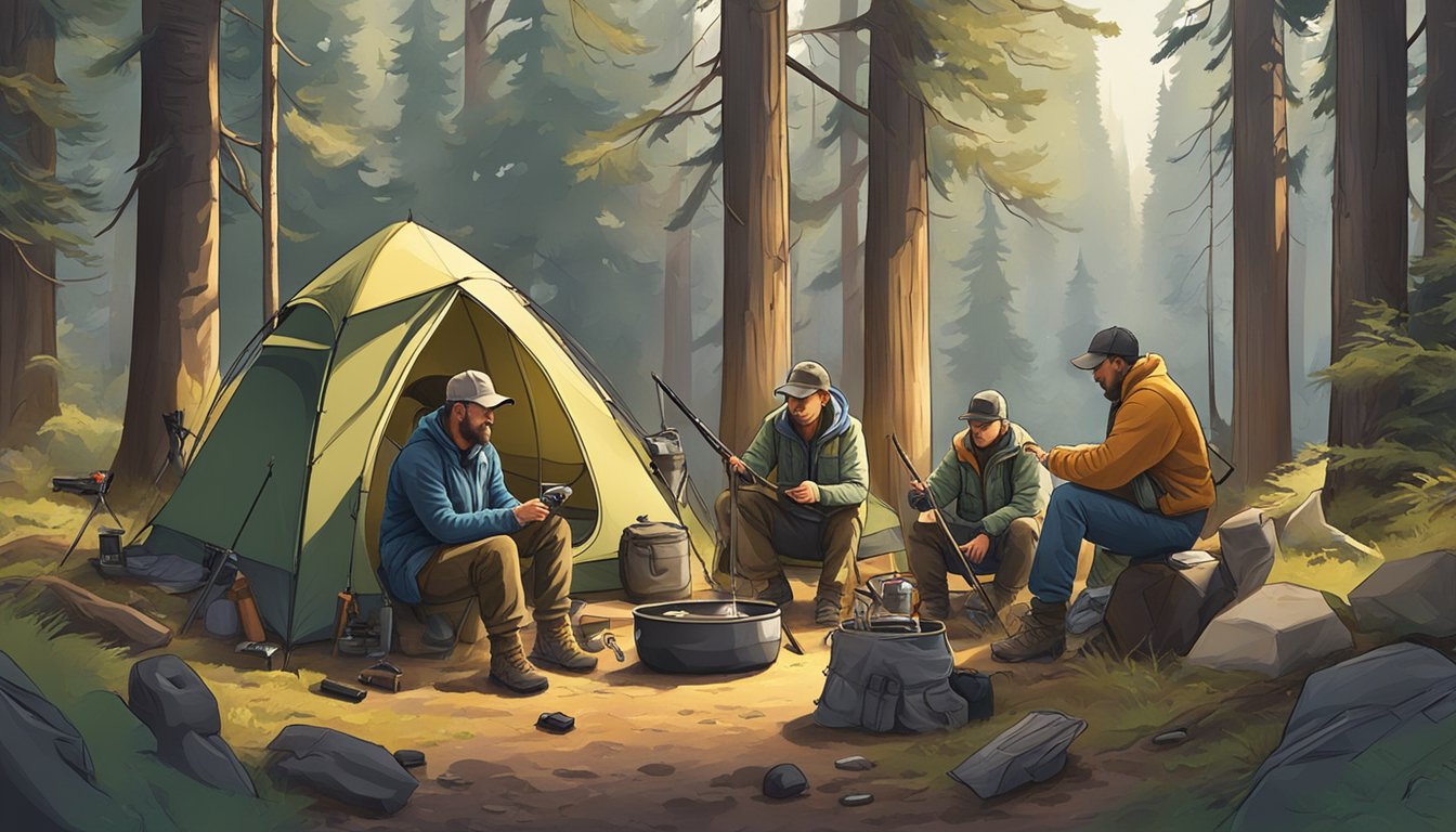 A group of hunters preparing their gear at a remote campsite in the Oregon wilderness