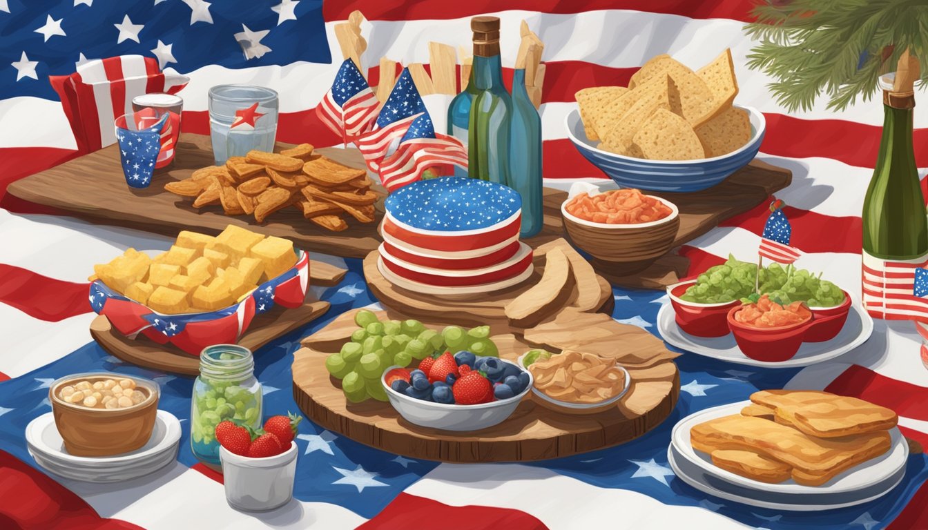 A rustic picnic table adorned with a spread of Texas-inspired appetizers, surrounded by red, white, and blue decorations, set against a backdrop of a festive Fourth of July celebration