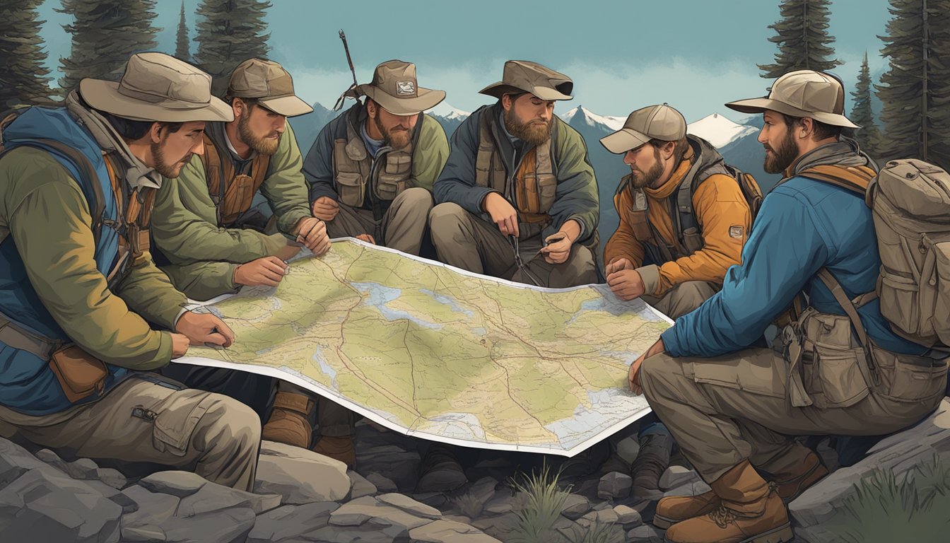 A group of hunters and guides gather around a map, discussing their plan for an upcoming trip in the rugged Utah wilderness