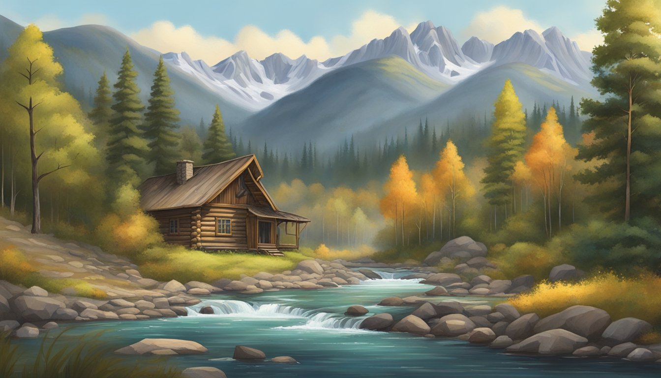 A rugged landscape with a forested mountain range in the background, a flowing river, and a hunter's cabin nestled among the trees