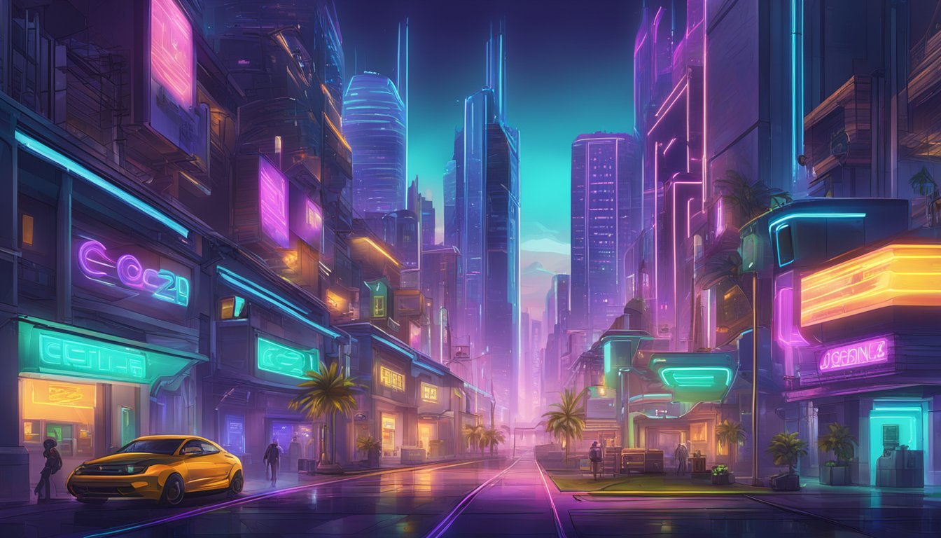 A vibrant, futuristic cityscape with sleek buildings and neon lights, showcasing the cutting-edge game processing technology of Cocos2d in Delaware