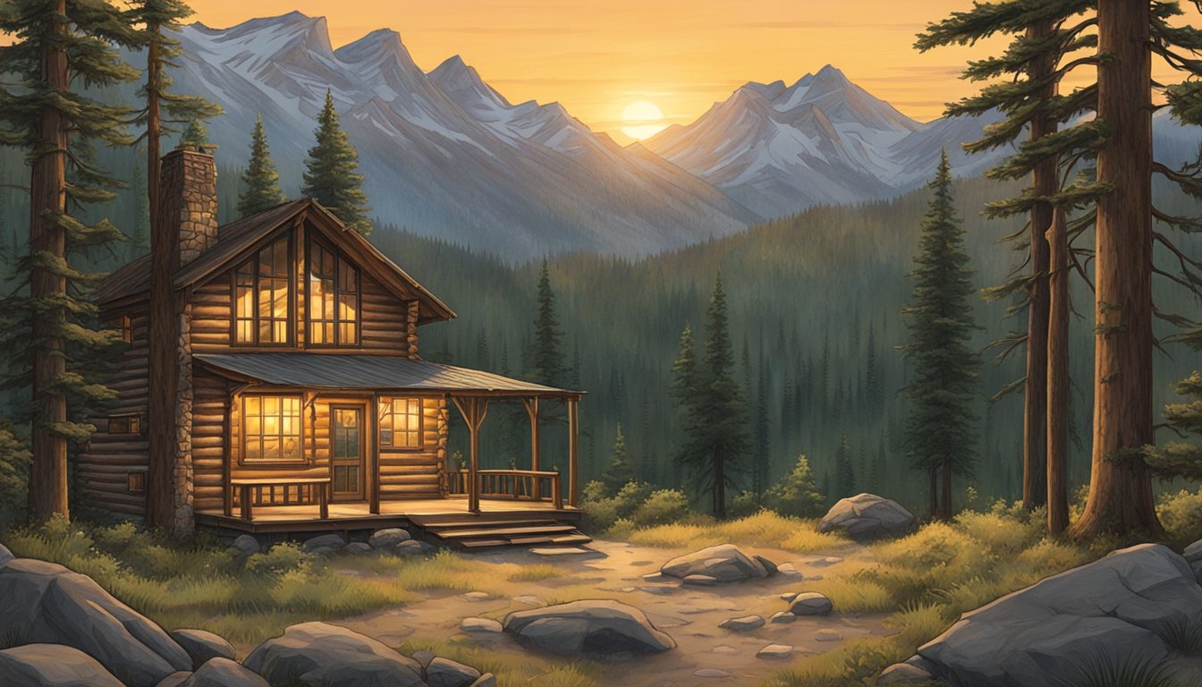 The sun sets over a rugged landscape, with mountains in the distance and a forest of tall trees. A rustic cabin and a sign for "Danner's Trophy Outfitters" are visible