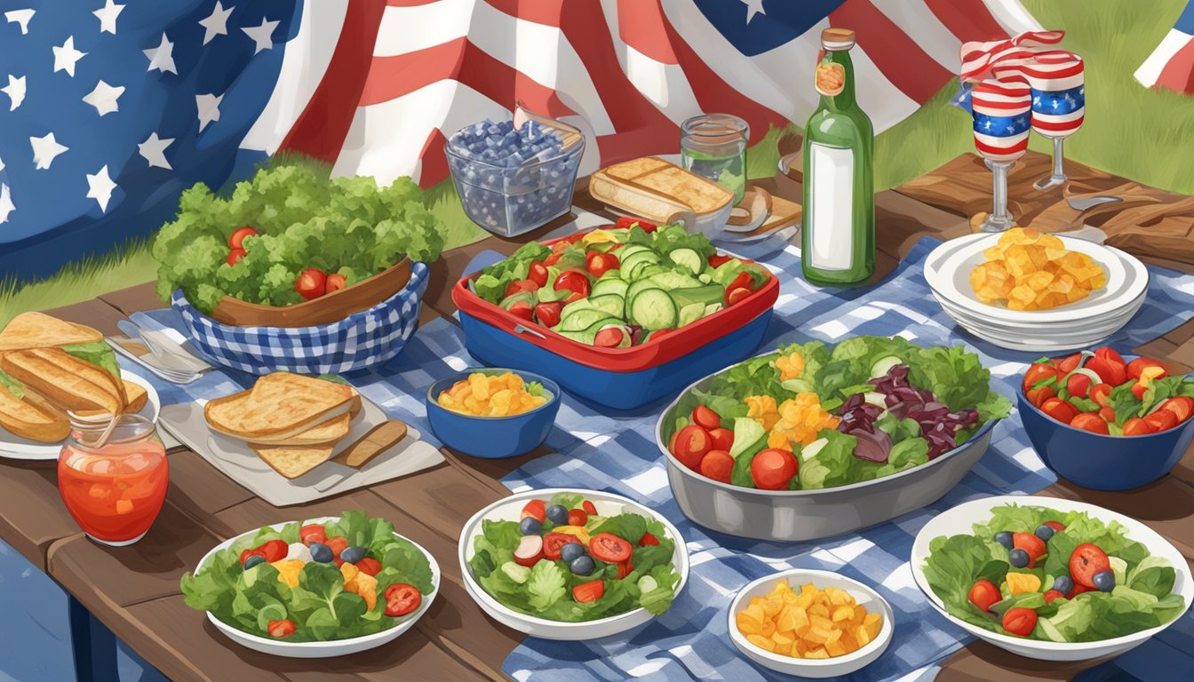 A picnic table set with colorful salads, grilled vegetables, and patriotic-themed dishes, surrounded by Texas-inspired decor for a Fourth of July celebration