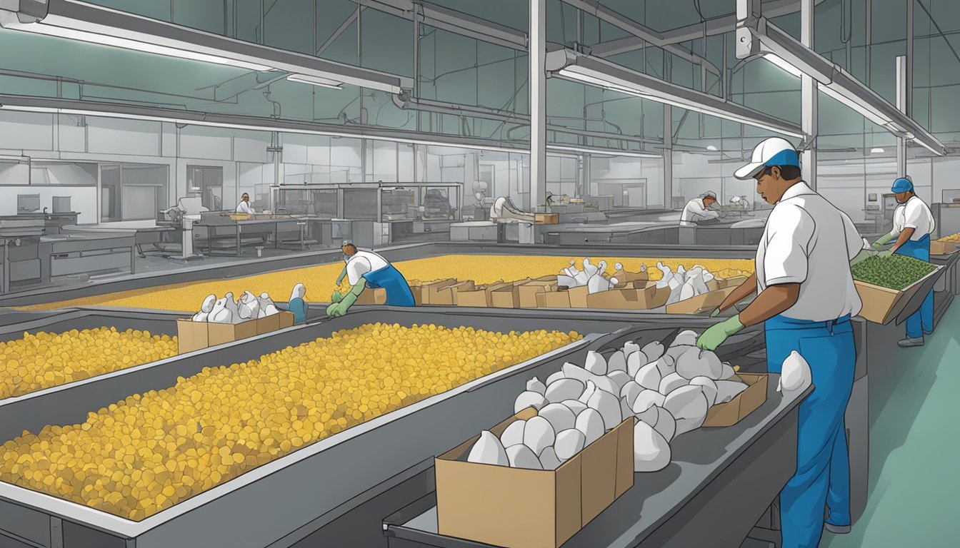 A bustling game processing facility in Delaware, with workers efficiently handling and packaging freshly harvested game