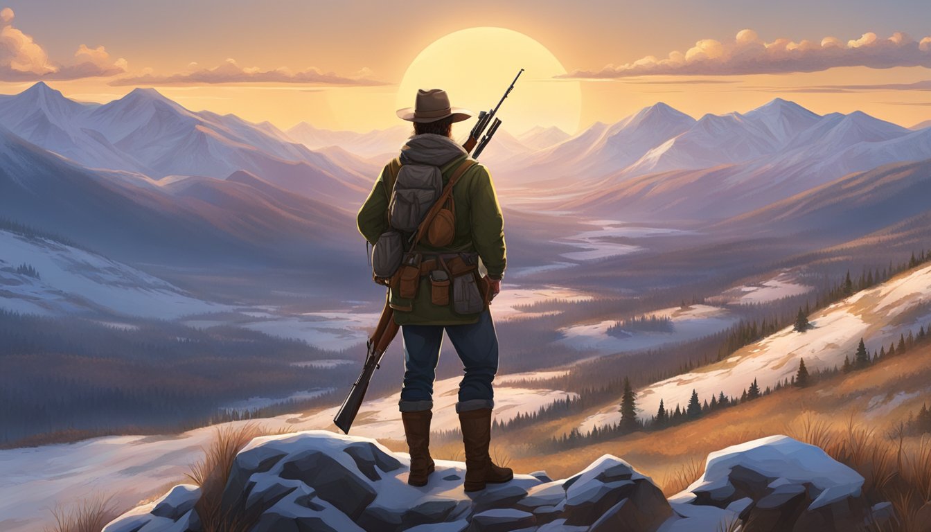 A hunter stands atop a mountain, rifle in hand, overlooking a vast valley. Snow-capped peaks loom in the distance as the sun sets over the rugged landscape