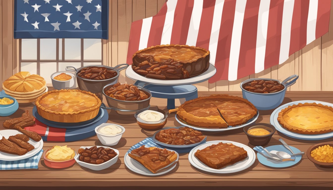 A table spread with BBQ ribs, cornbread, pecan pie, and apple cobbler. Flags and bunting decorate the background