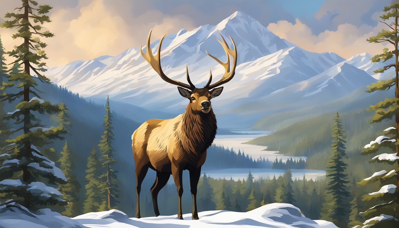 A majestic elk stands on a ridge overlooking a vast Washington wilderness, surrounded by towering pine trees and snow-capped mountains