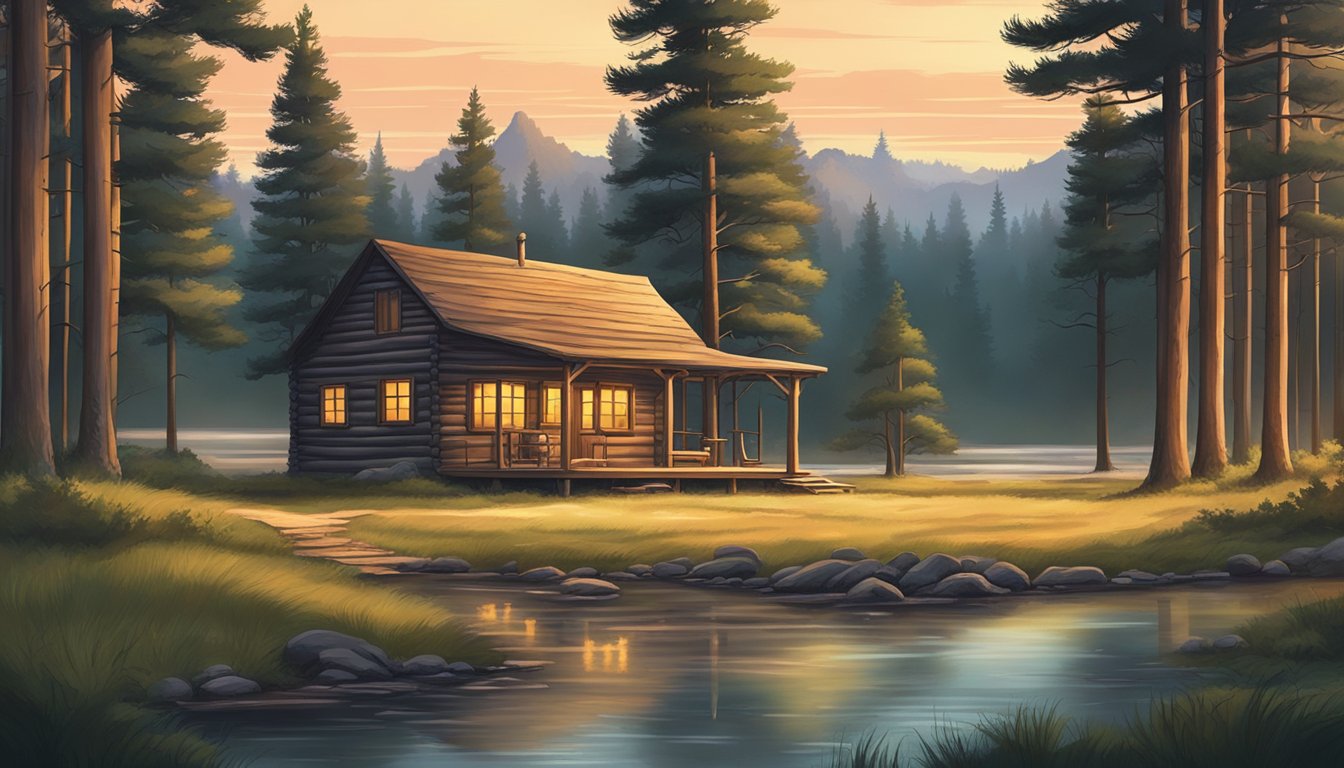 A serene forest clearing at dawn, with a rustic cabin nestled among tall pine trees and a tranquil stream flowing nearby