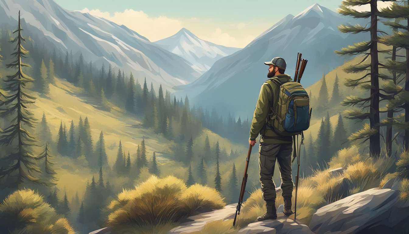 A hunter with a rifle and backpack stands in a rugged mountain landscape, surrounded by pine trees and wildlife