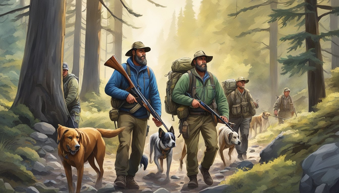 A group of hunters with rifles and hunting dogs trek through the dense Oregon forest, guided by experienced outfitters from Three Rivers Outfitting