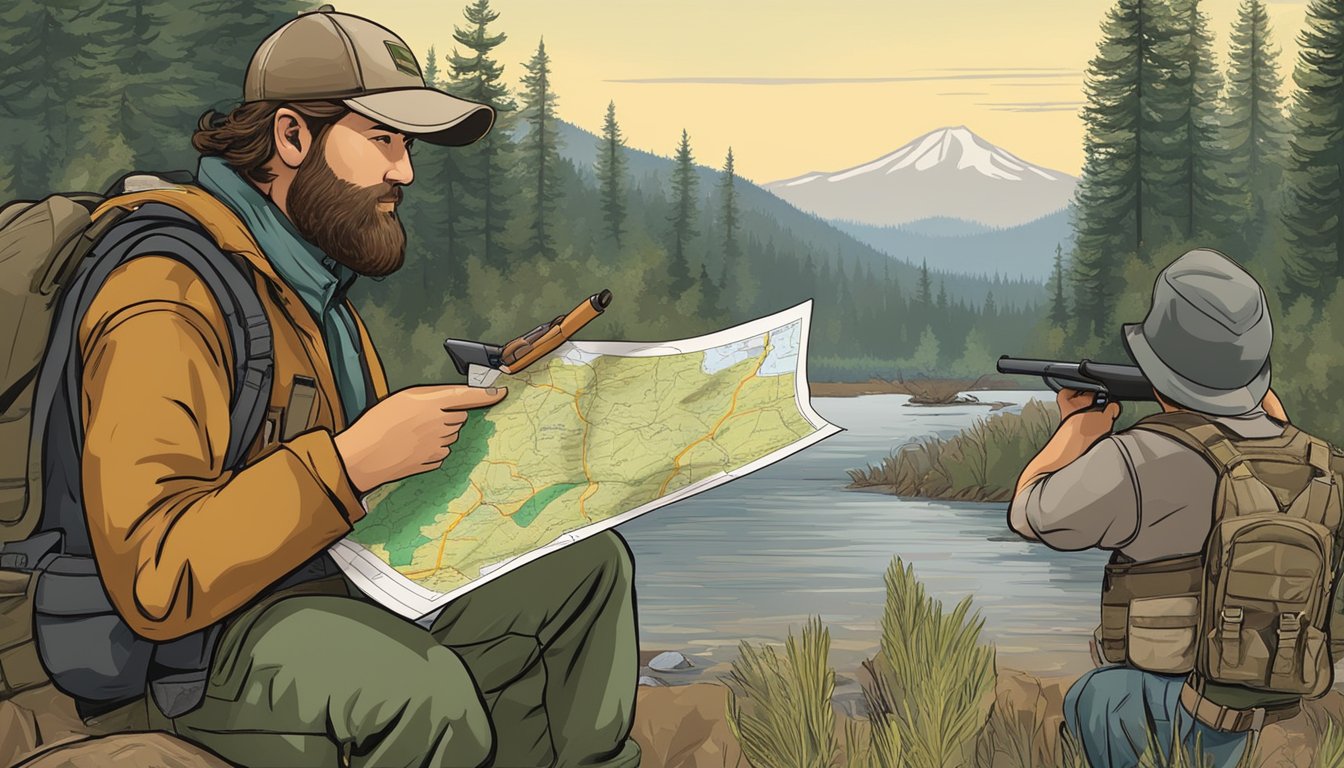 A hunter holding a map of Oregon while discussing with outfitters. Outdoor gear and hunting rifles are displayed in the background