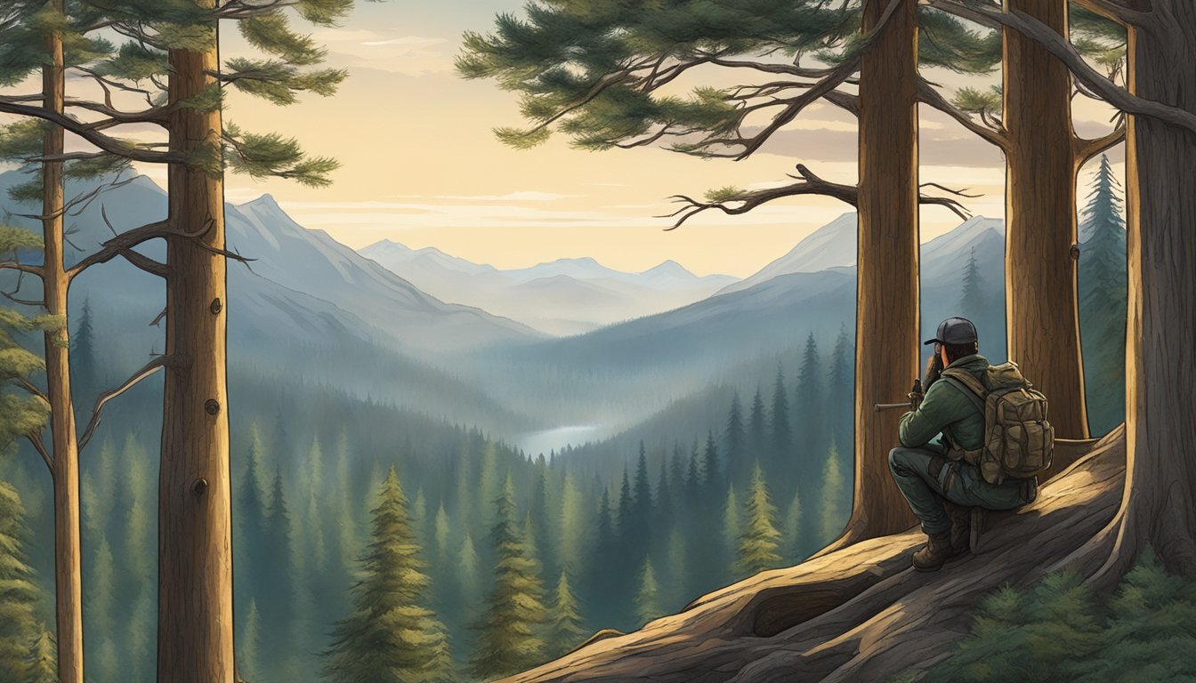 A hunter silently waits in a tree stand, surrounded by tall evergreen trees and rugged mountains in the distance