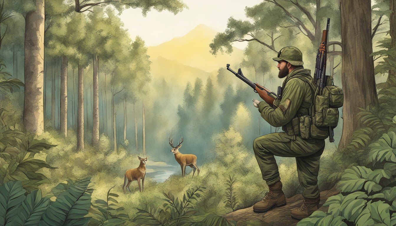 A forested landscape with a hunter carrying a rifle and wearing camouflage gear, surrounded by trees and wildlife