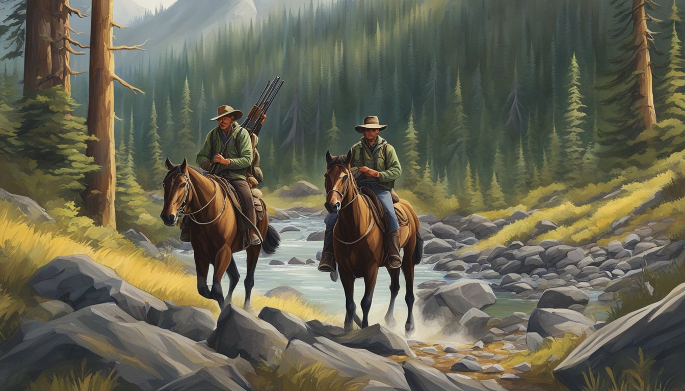 A group of hunters and their guide trek through the rugged Washington wilderness, surrounded by tall trees and distant mountain peaks