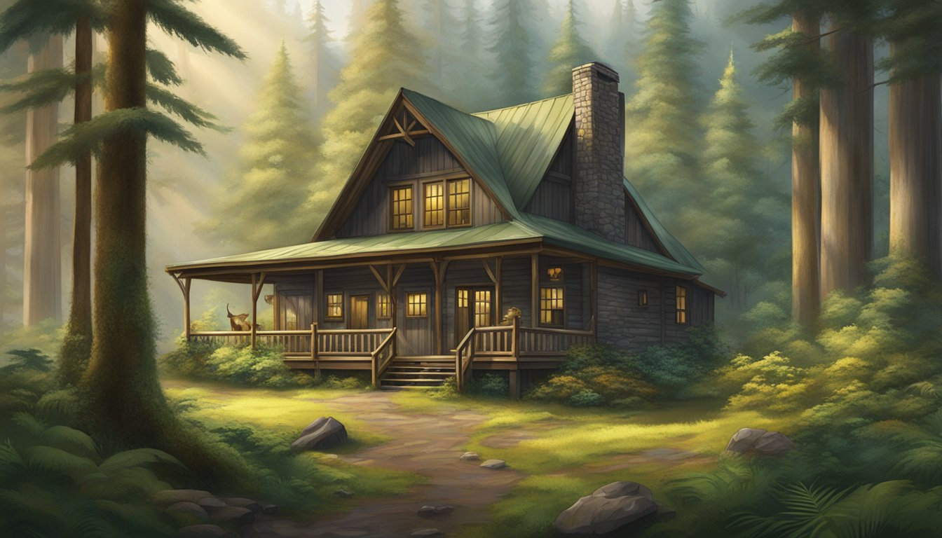 A rustic hunting lodge nestled in the lush Washington rainforest, surrounded by towering trees and teeming with wildlife