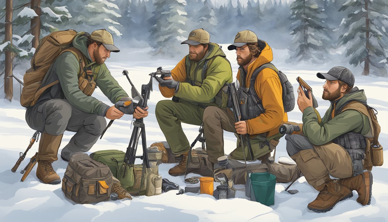 A group of skilled hunters in Washington, displaying their licenses and adhering to hunting regulations, while preparing their gear for an expedition