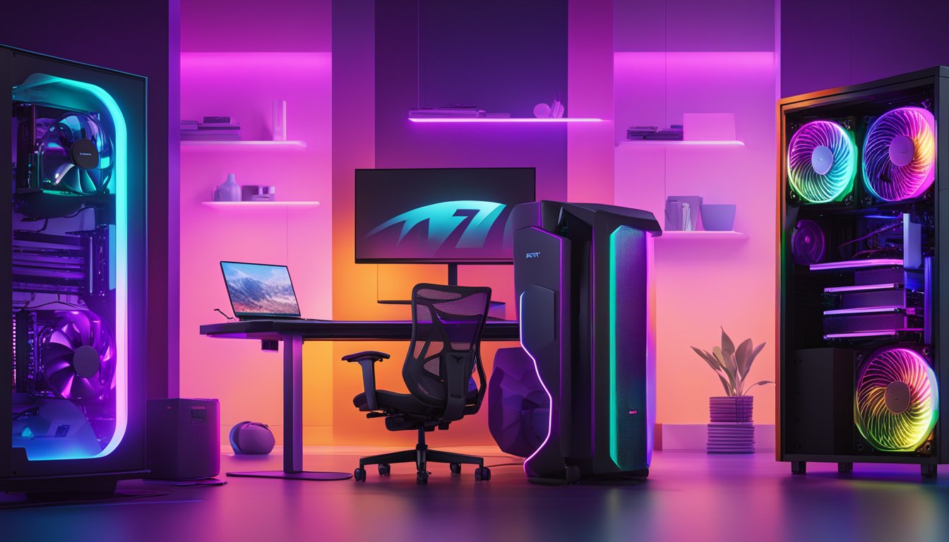 A computer tower with NZXT Kraken Z73 RGB Liquid Cooler glowing, set in a high-tech gaming room in Georgia