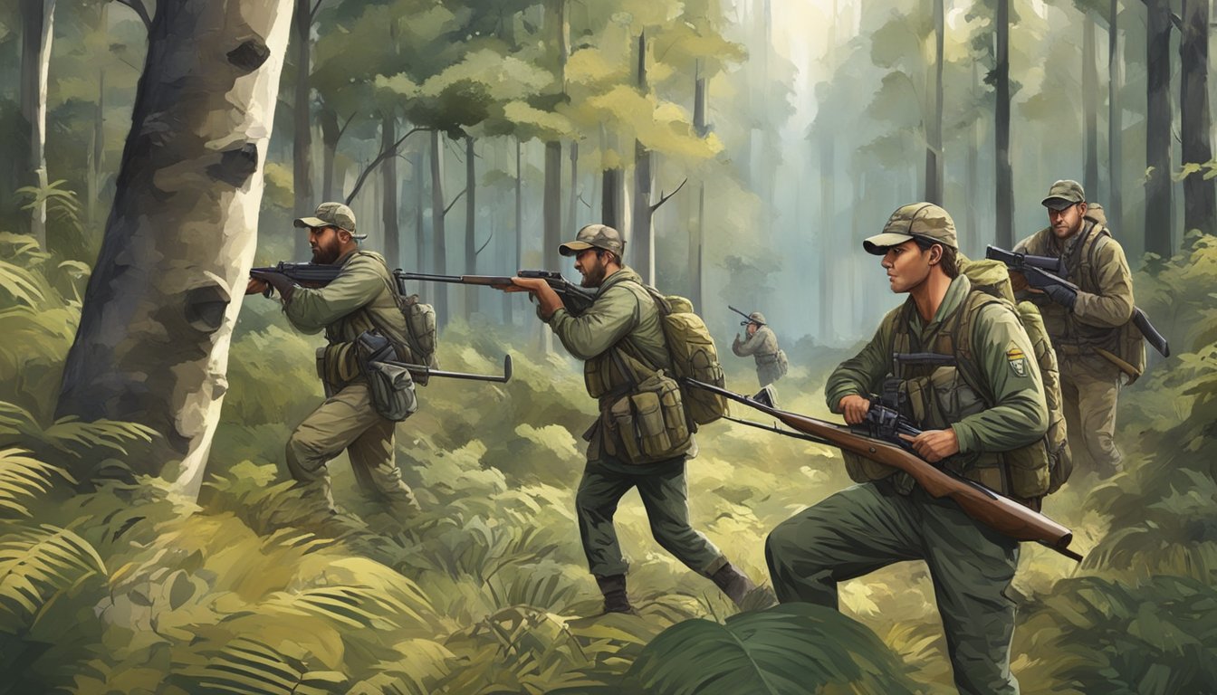 A group of hunters in camouflage gear trek through a dense forest, rifles in hand, while a variety of wildlife roam in the background