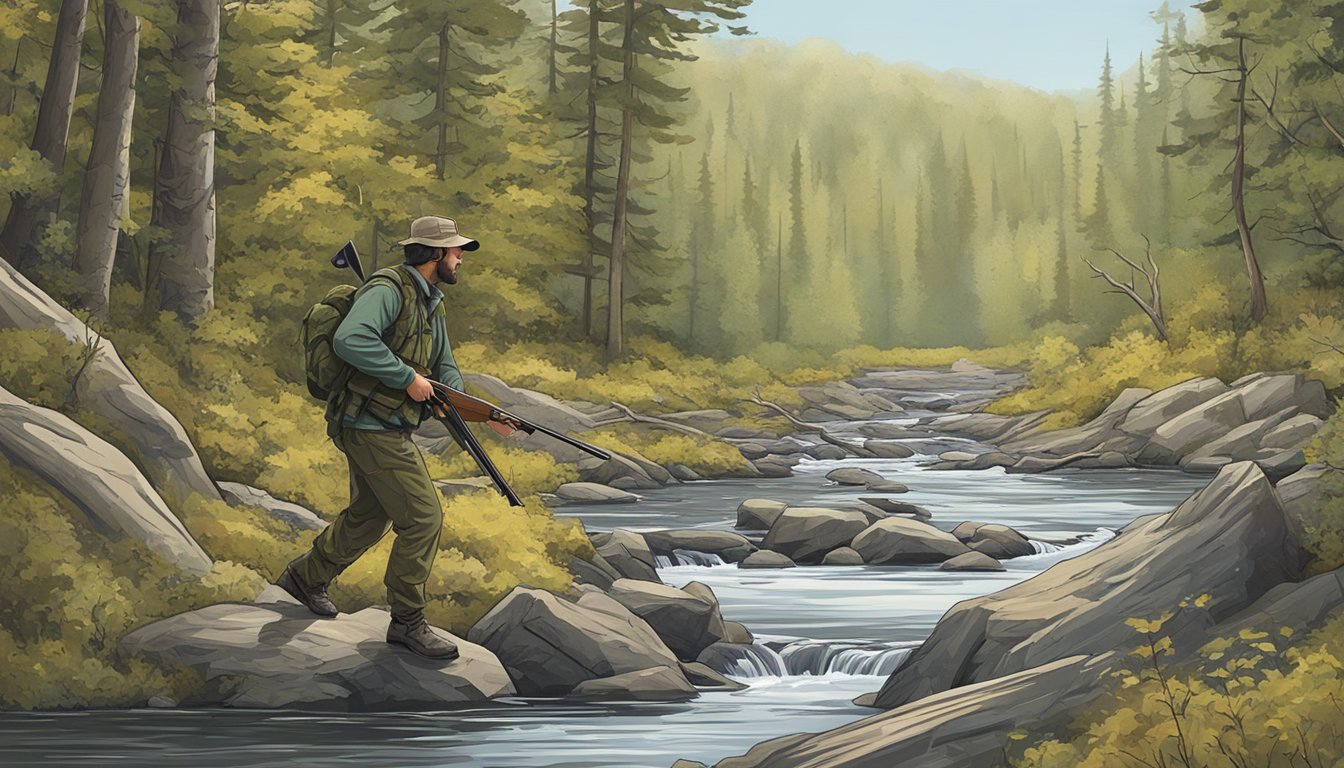 A hunter stalking through a dense forest, rifle in hand, with the Blackstone River winding through the background