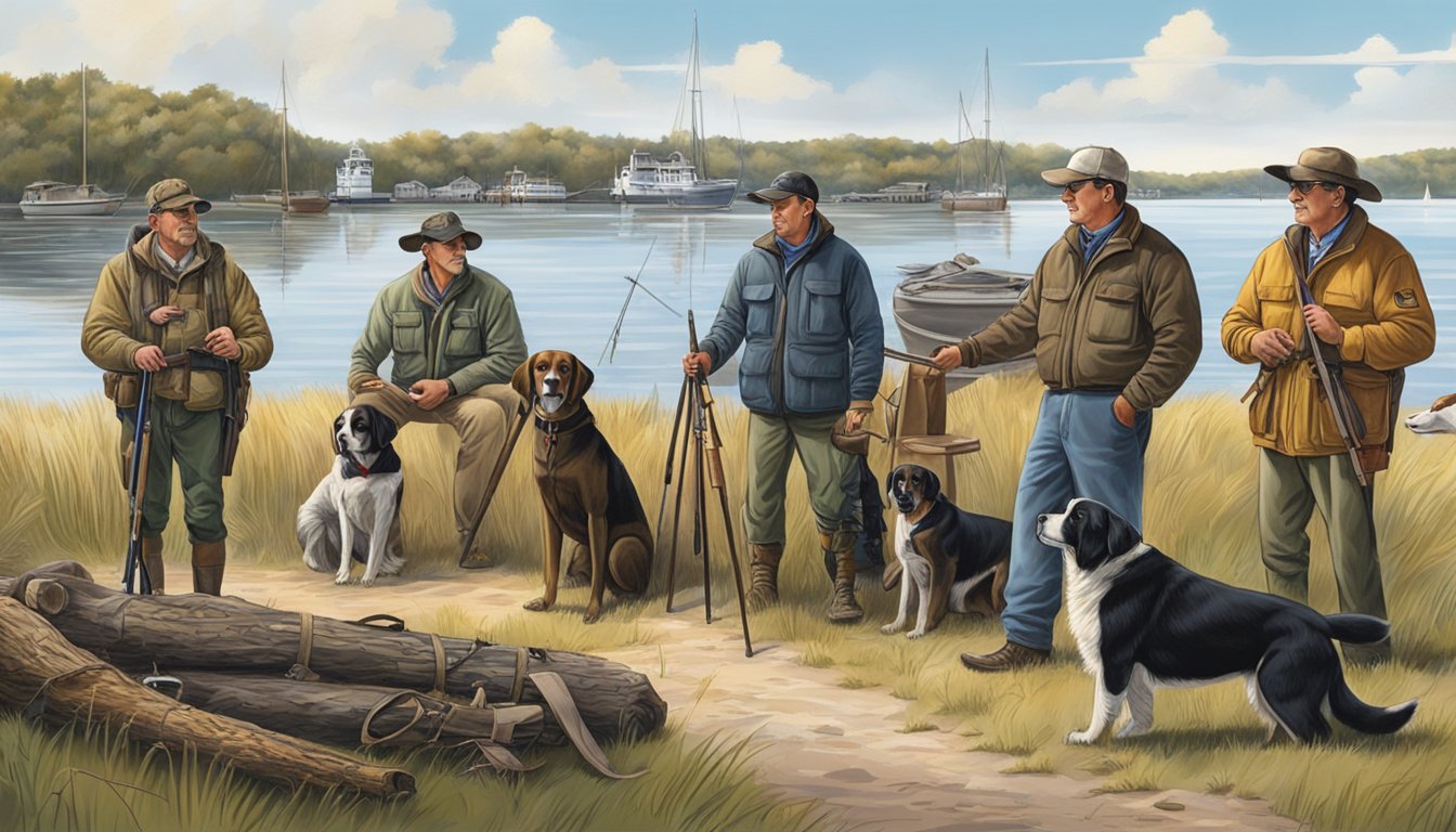 A group of hunting guides and their dogs prepare for a day of hunting along the shores of Narragansett Bay in Rhode Island