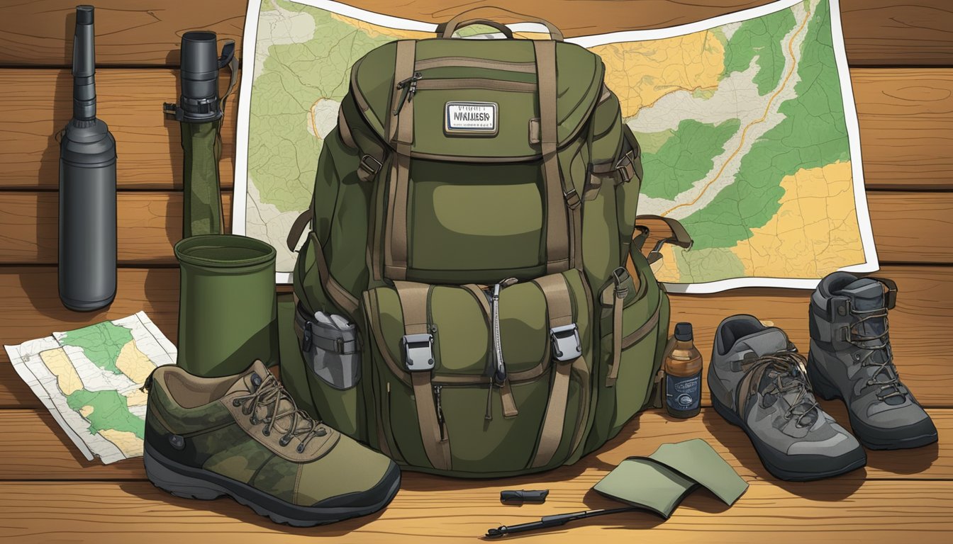 A hunter's backpack, rifle, and camouflage gear laid out on a wooden table with a map of the Washington wilderness in the background