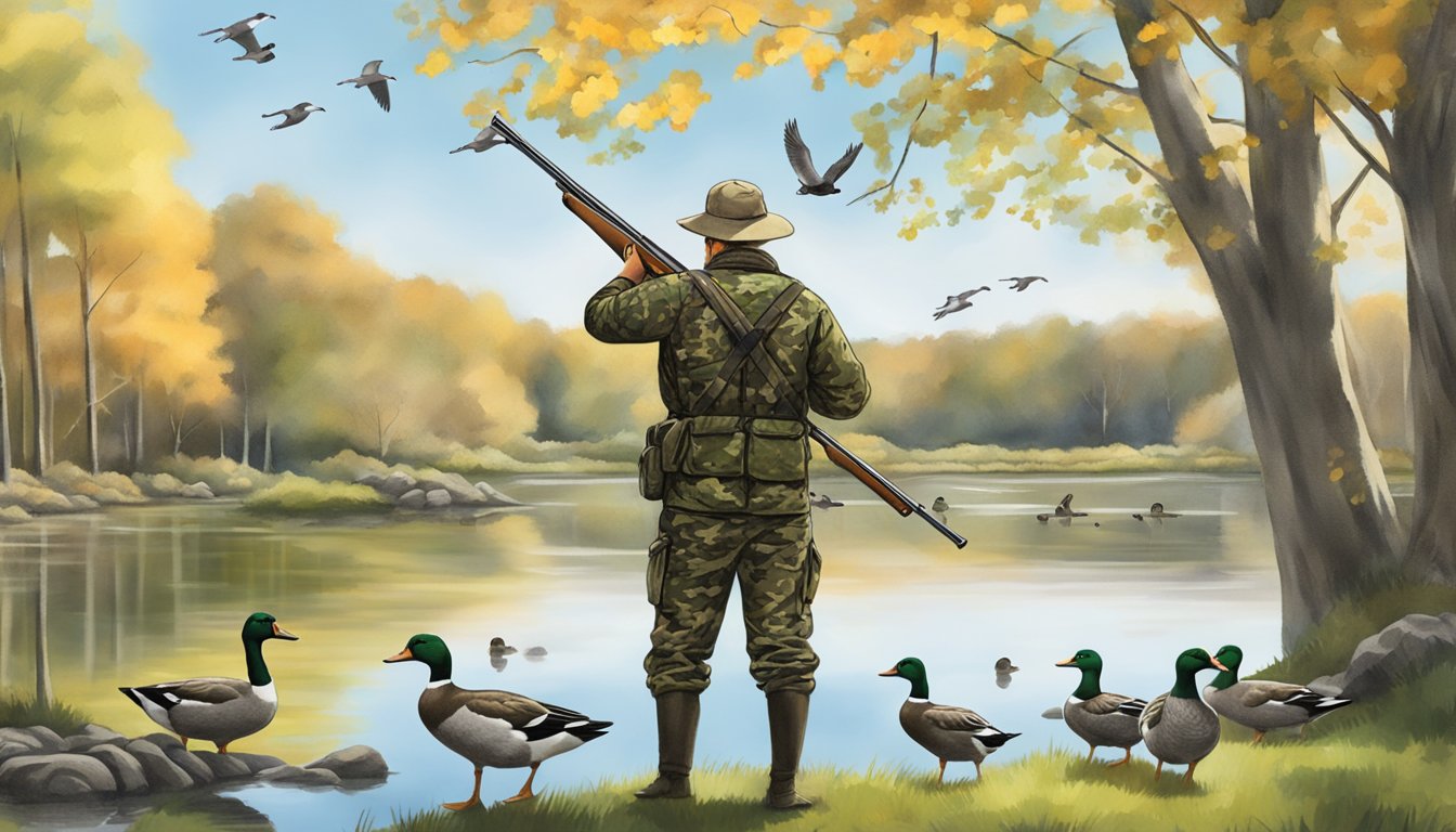 A hunter in camouflage gear aiming at a flock of ducks over a serene pond at Newport Sporting Adventures in Rhode Island