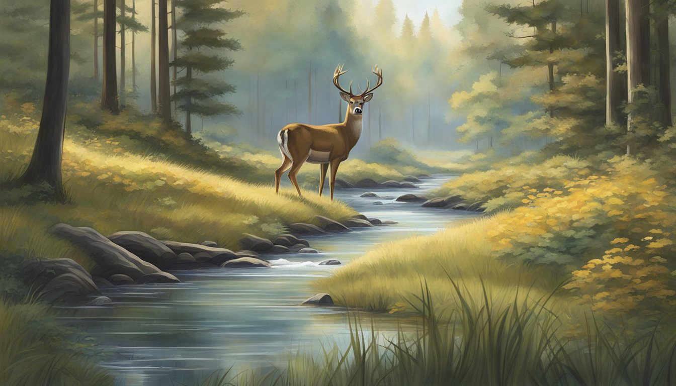 A tranquil forest clearing with a small stream, surrounded by tall trees and patches of thick underbrush. A majestic whitetail deer stands at the water's edge, framed by the natural beauty of the woodland