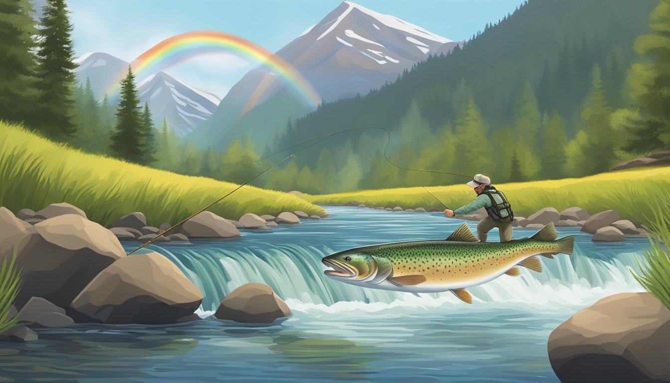 A serene river flows through a lush valley, surrounded by towering mountains. A rainbow trout leaps out of the water, caught in the midst of a fly fishing line