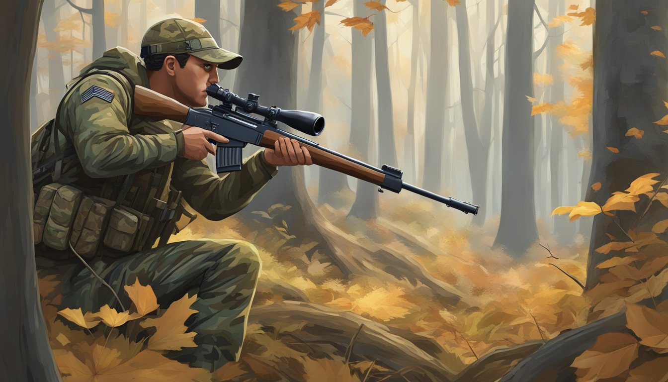 A hunter in camouflage gear quietly stalks through a dense forest, with a rifle slung over their shoulder, surrounded by tall trees and fallen leaves