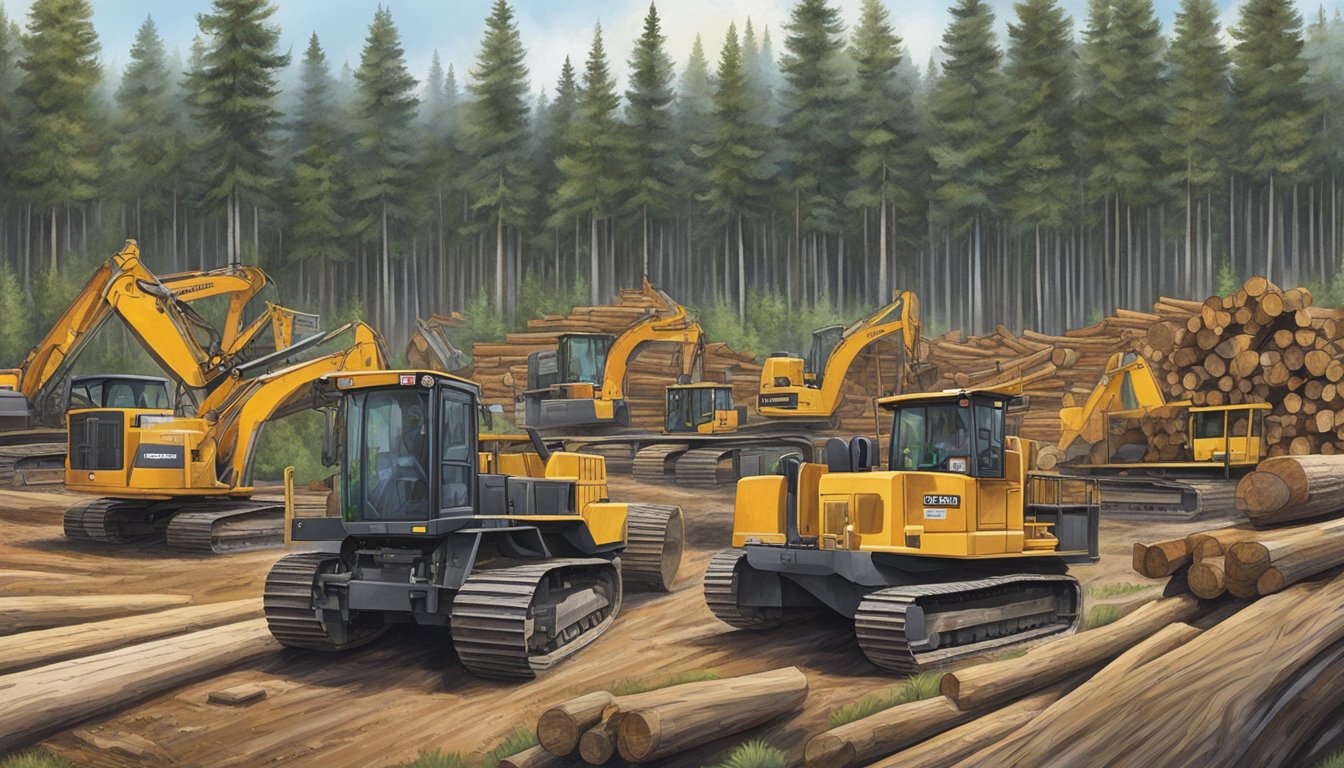 A bustling logging site in Idaho, with heavy machinery and workers processing timber on Machinery Hill