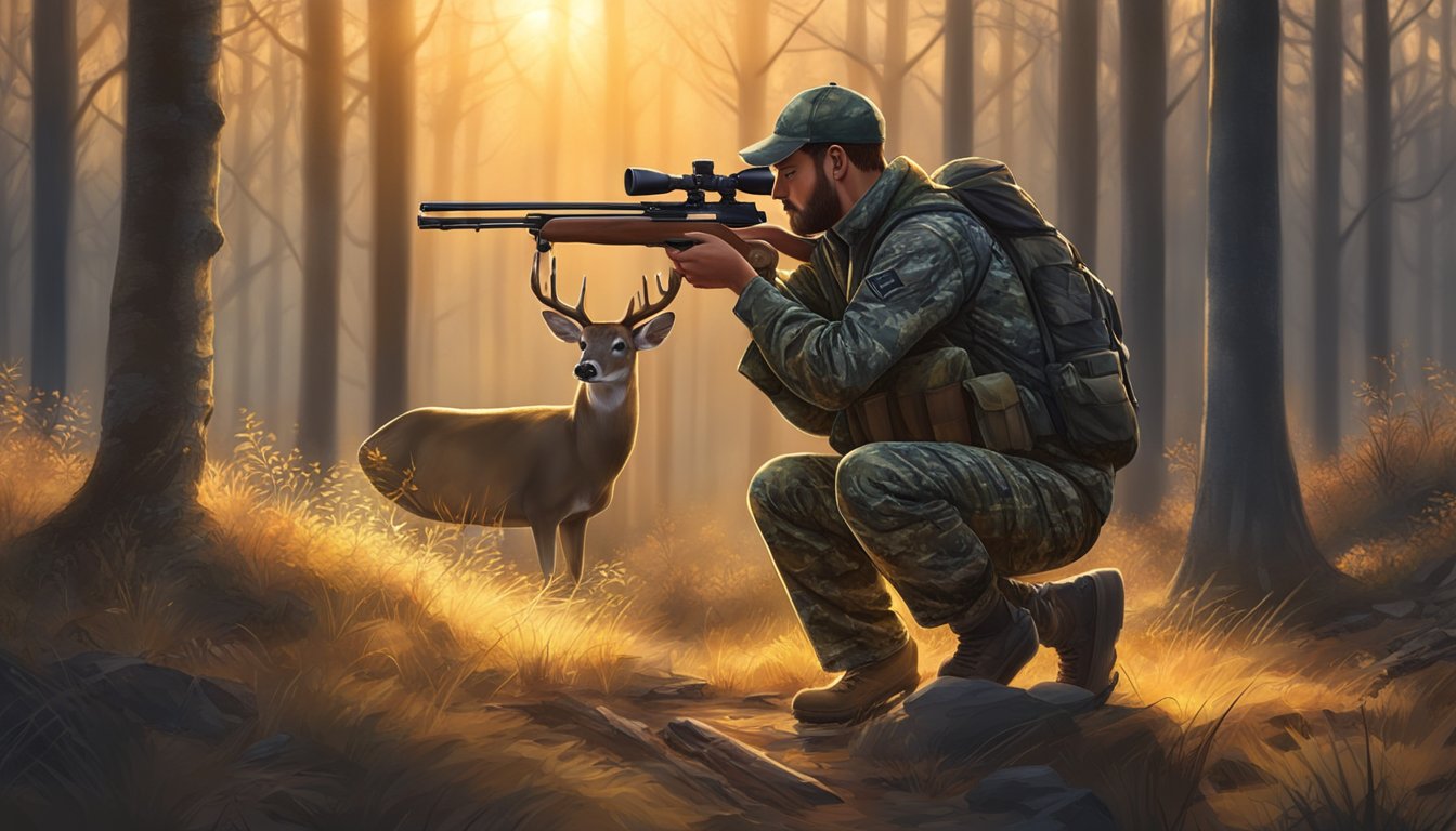 A hunter in camouflage gear crouching in the woods, aiming a rifle at a deer grazing in the distance. The sun is setting, casting a warm glow over the scene