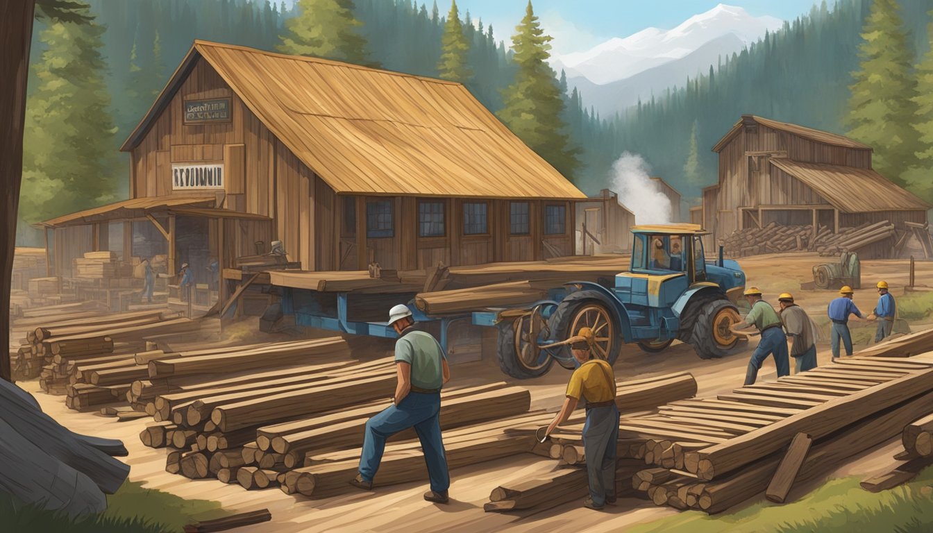 A bustling sawmill in Idaho processes timber for the tycoon's game, with workers operating machinery and transporting logs