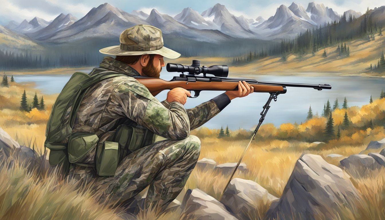 A hunter in camouflage aiming a rifle at a distant target in the Wyoming wilderness