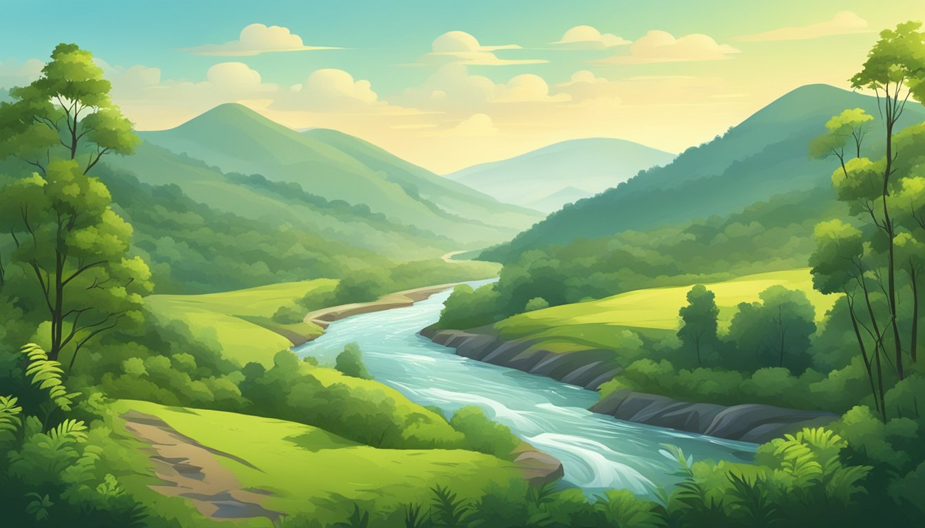 A lush forest with a flowing river, surrounded by rolling hills and scattered wildlife