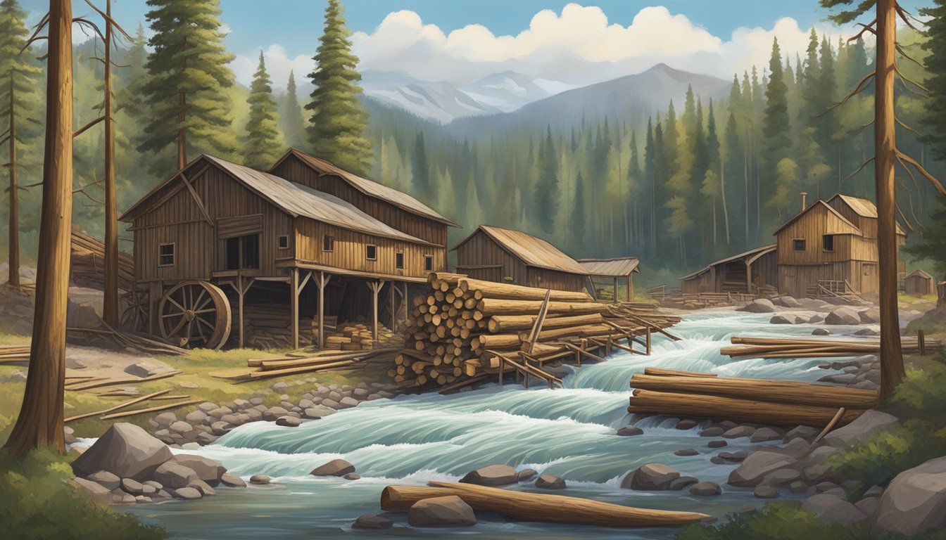 A rustic lumber mill nestled in the Idaho wilderness, surrounded by towering trees and a rushing river. Saws buzz and logs float downstream, as workers process wood for the Clearwater County Lumber Quest game