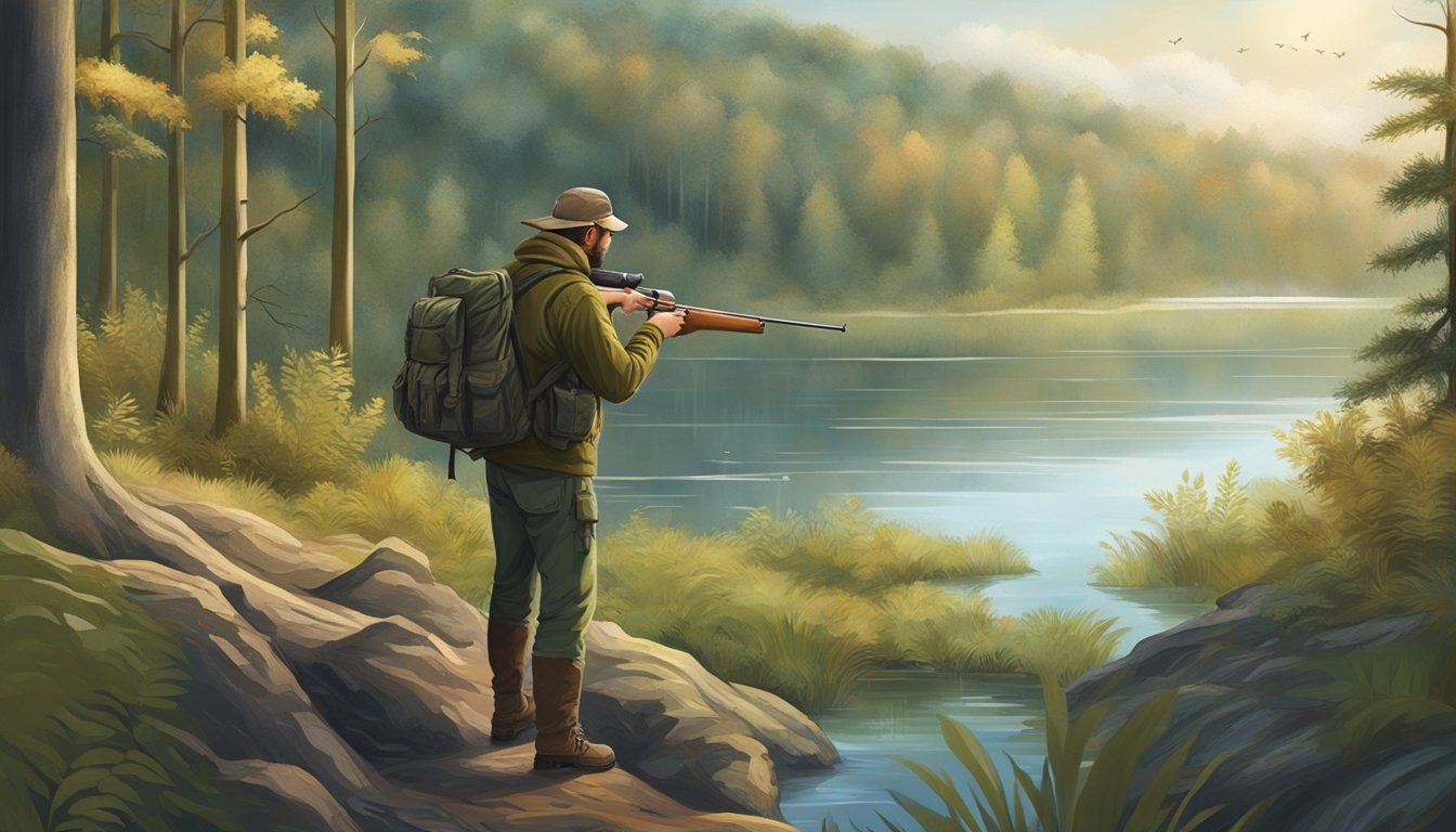 A hunter with a guide tracking through a dense forest, with a tranquil lake in the background and a variety of wildlife in the surroundings