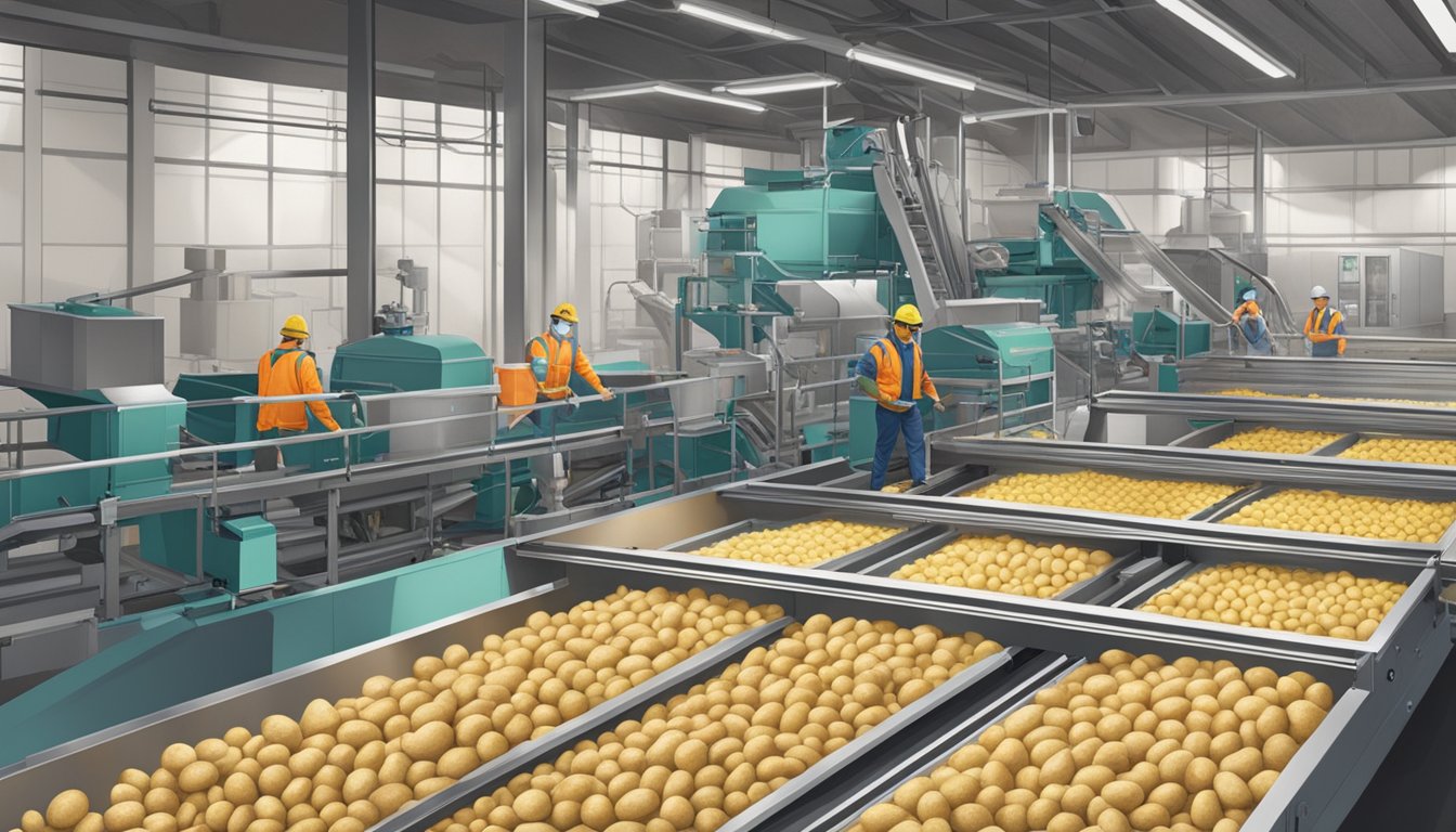 A modern potato processing plant in Idaho, with conveyor belts, sorting machines, and workers in protective gear