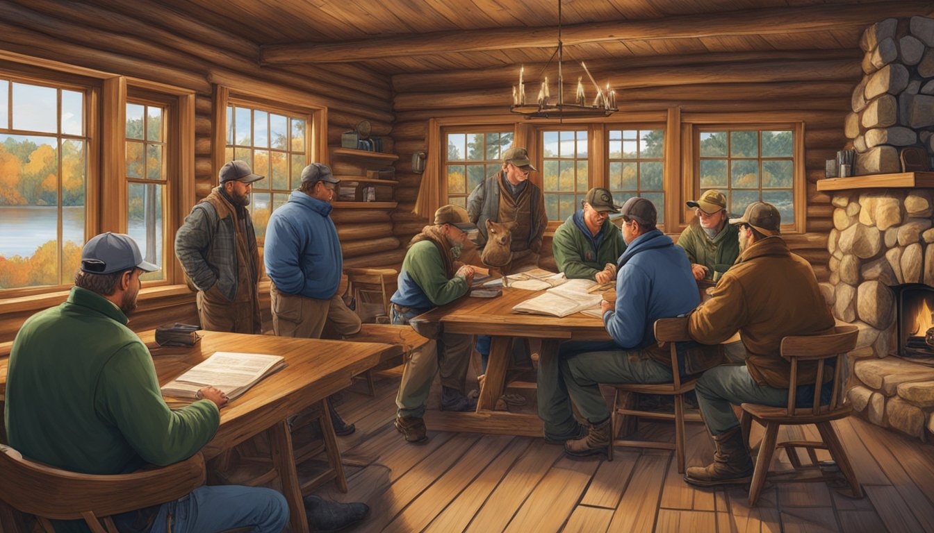 A group of hunters in Rhode Island obtaining licenses and reviewing regulations with outfitters in a rustic lodge