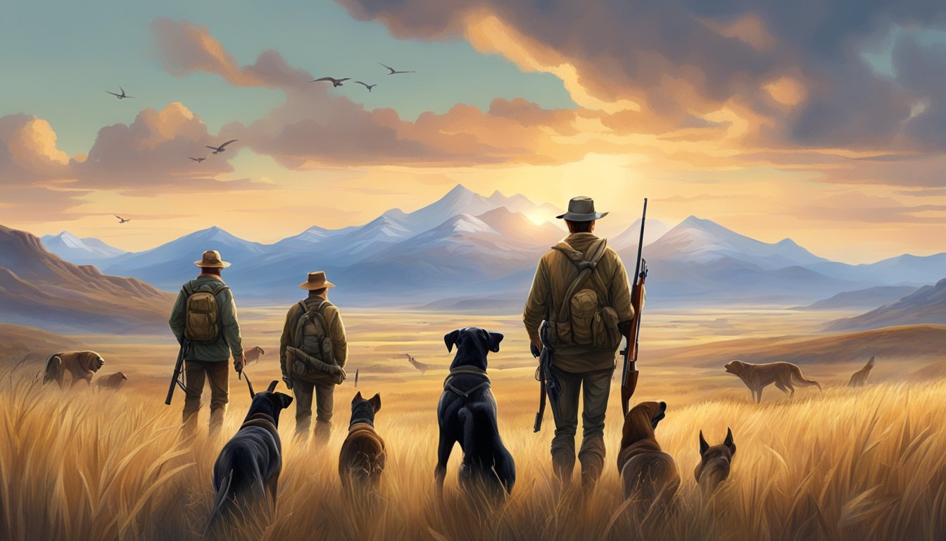 A group of hunters with shotguns and hunting dogs in a vast, open field surrounded by mountains and tall grass