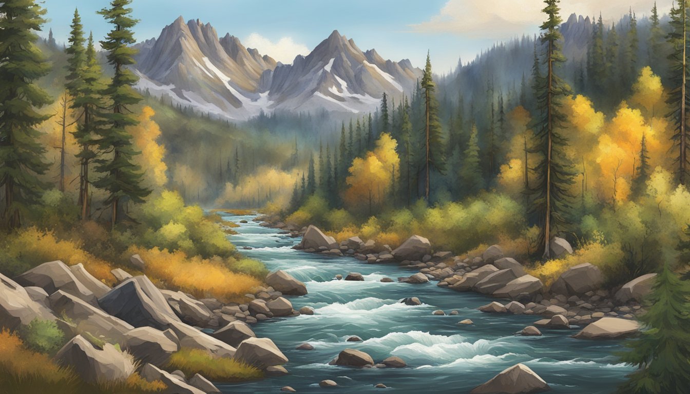 A rugged landscape of Sawtooth Wilderness, with a rushing river and dense forest, showcasing the best game processing in Idaho