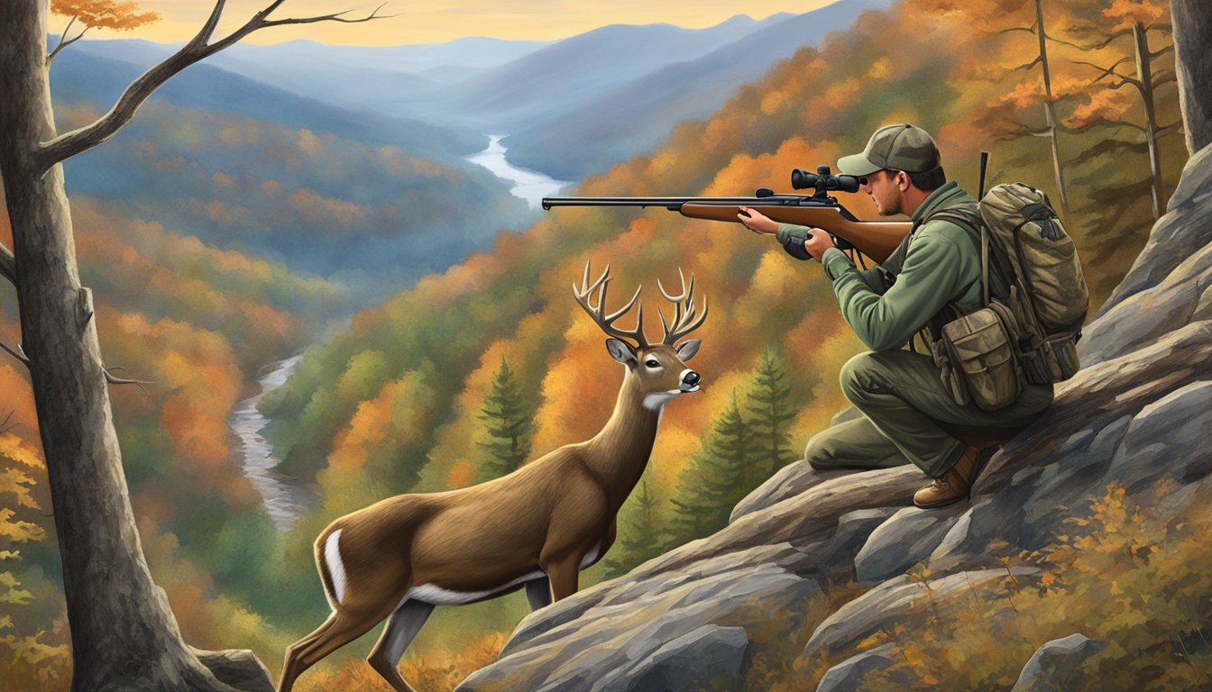 A hunter aiming a rifle at a deer in the Tennessee mountains