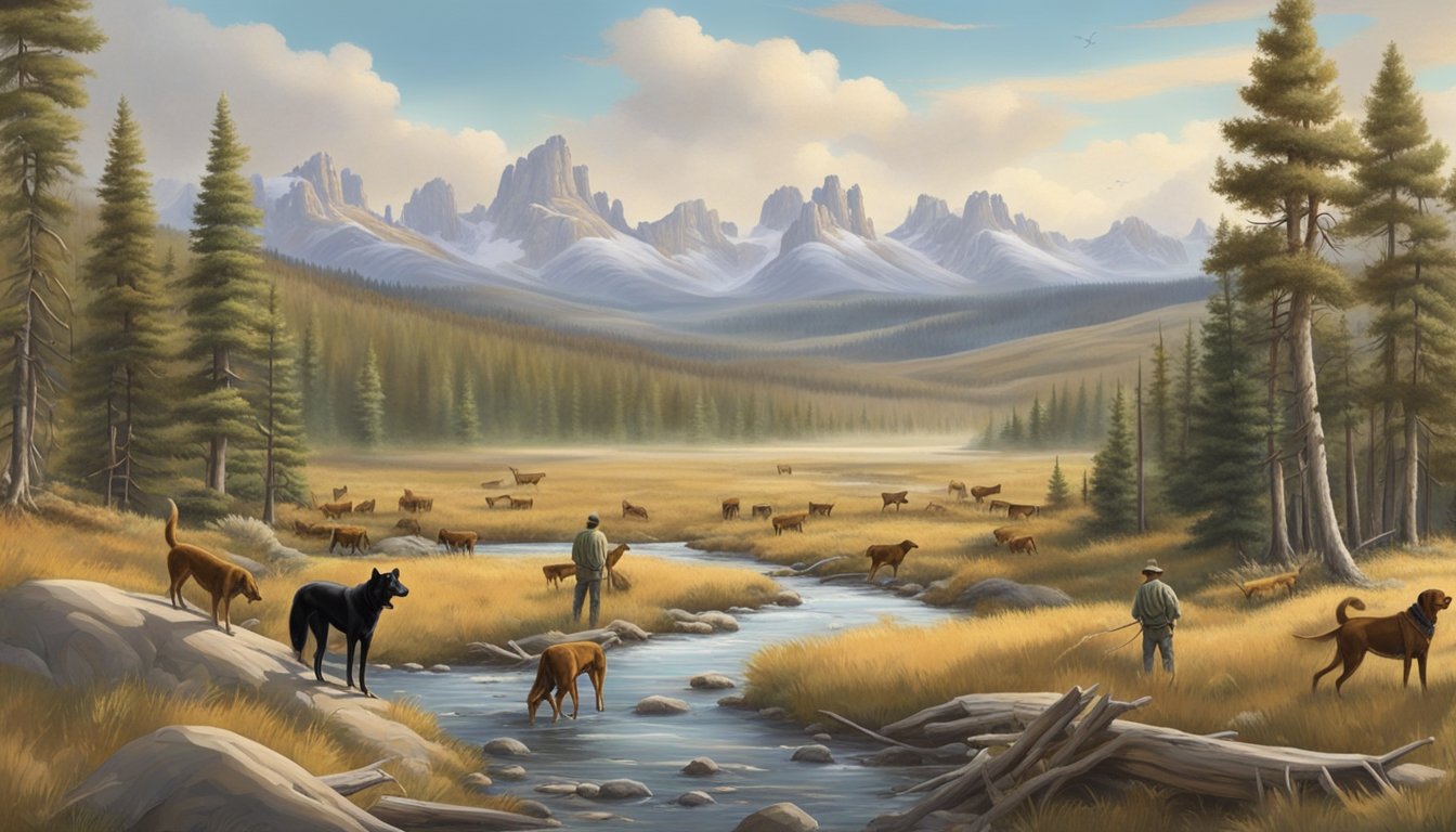 A sprawling Wyoming landscape with rolling hills, dense forests, and a winding creek. A group of outfitters and hunting dogs prepare for a day of hunting