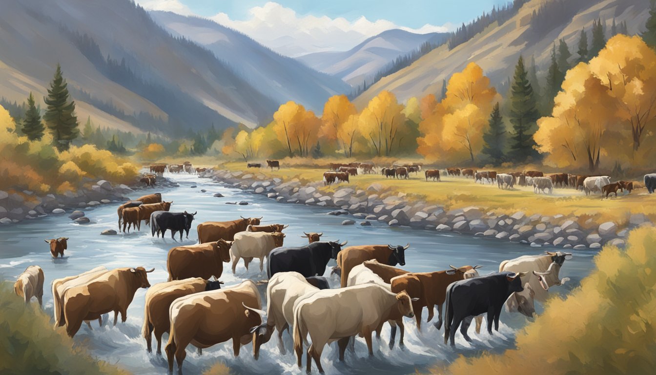 Cattle being herded along the Salmon River in Idaho for game processing