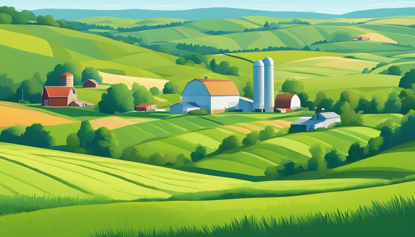 Lush green farm fields with barns and silos in the distance, surrounded by rolling hills and a clear blue sky