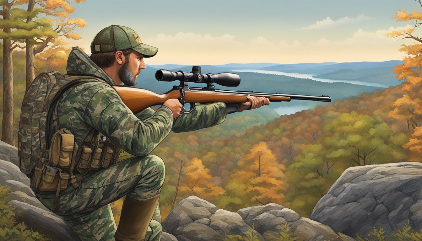 A hunter in camouflage gear aims a rifle at a deer in the Tennessee wilderness. The Cumberland Plateau looms in the background, with dense forest and rolling hills