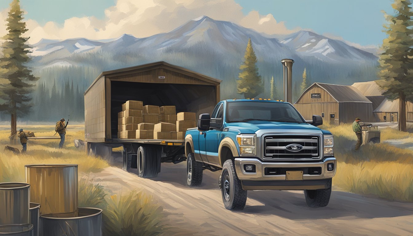 A hunter unloading fresh game from a truck in front of a local processing facility in the Idaho wilderness