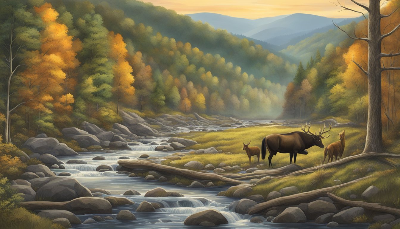 A vast Tennessee wilderness with rolling hills, dense forests, and a clear stream, where hunters are seen tracking game